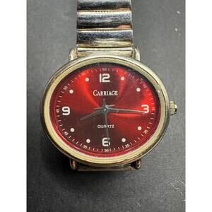 Carriage by Timex Women's Red Oval Dial Watch Silver Tone Stretch Band